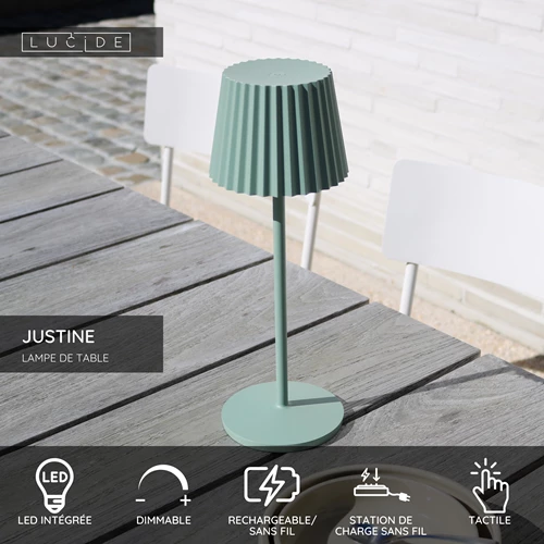 Lucide JUSTINE - Lampe de table Rechargeable Intérieur/Extérieur - Batterie/Piles - LED Dim. - 1x2W 2700K - IP54 - Avec station de charge sans fil - Vert - USP